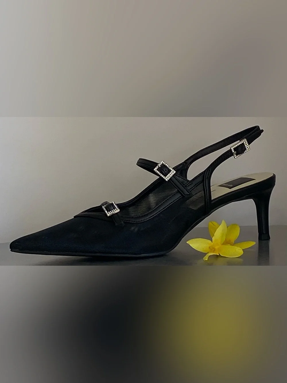 DOLCE VITA BLACK MESH KITTEN HEEL SLINGBACK PUMPS WITH RHINESTONE BUCKLES